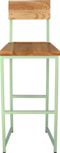 Load image into Gallery viewer, Mint green metal stool with back with natural stain ash wood made in UK - front view square frame
