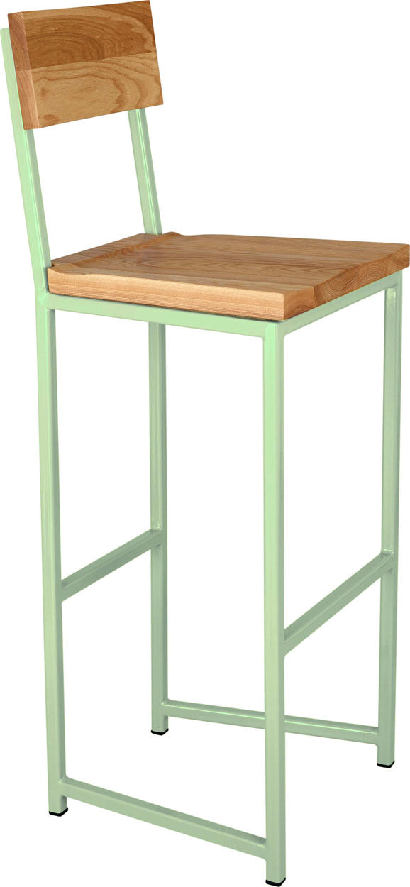 Mint green metal stool with back with natural stain ash wood made in UK - angle view square frame