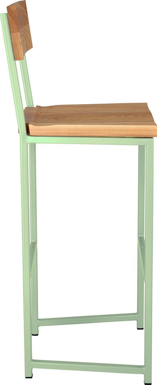 Mint green metal stool with back with natural stain ash wood made in UK - side view square frame
