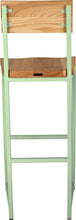 Load image into Gallery viewer, Mint green metal stool with back with natural stain ash wood made in UK - back view square frame
