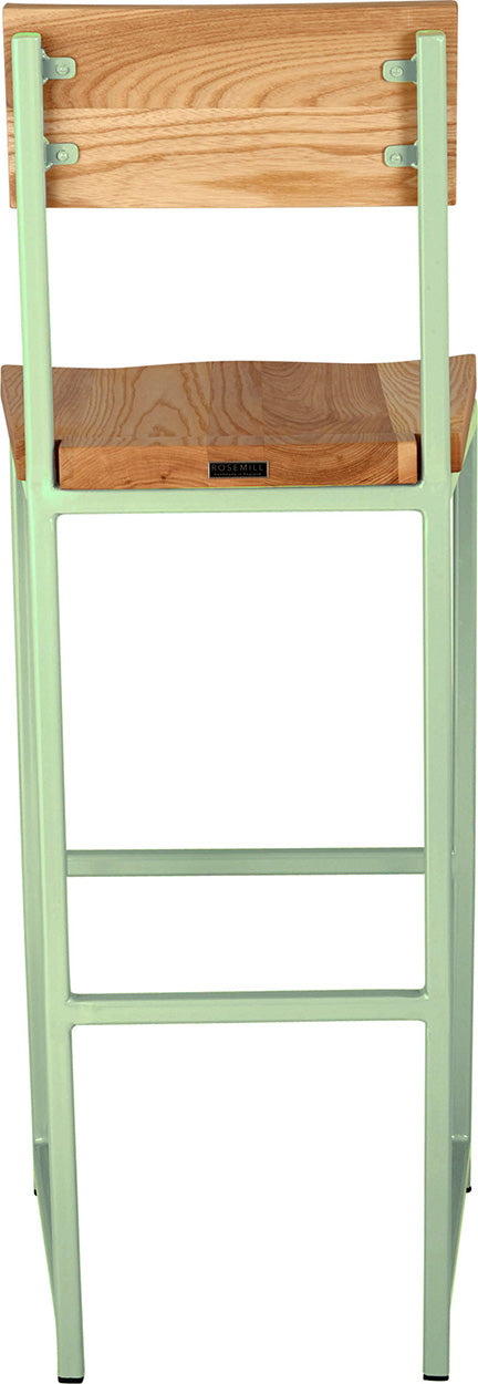 Mint green metal stool with back with natural stain ash wood made in UK - back view square frame