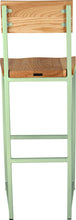 Load image into Gallery viewer, Mint green metal stool with back with natural stain ash wood made in UK - back view square frame
