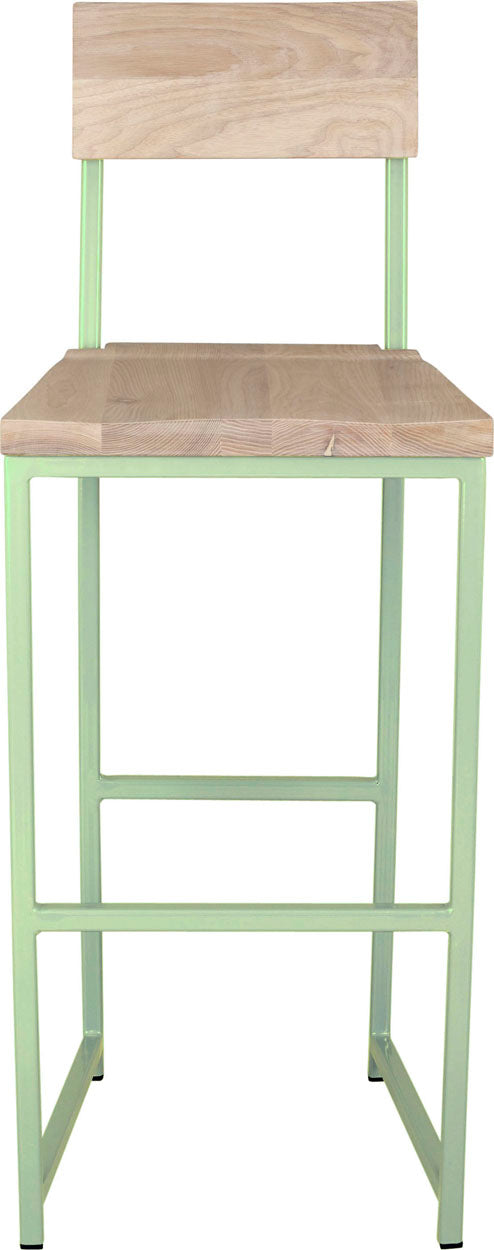 Mint green metal stool with back with whitewash stain ash wood made in UK - front view square frame