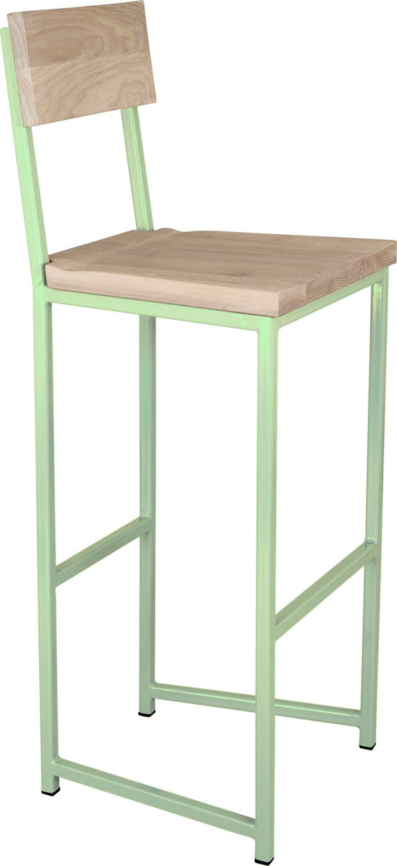 Mint green metal stool with back with whitewash stain ash wood made in UK - angle view square frame