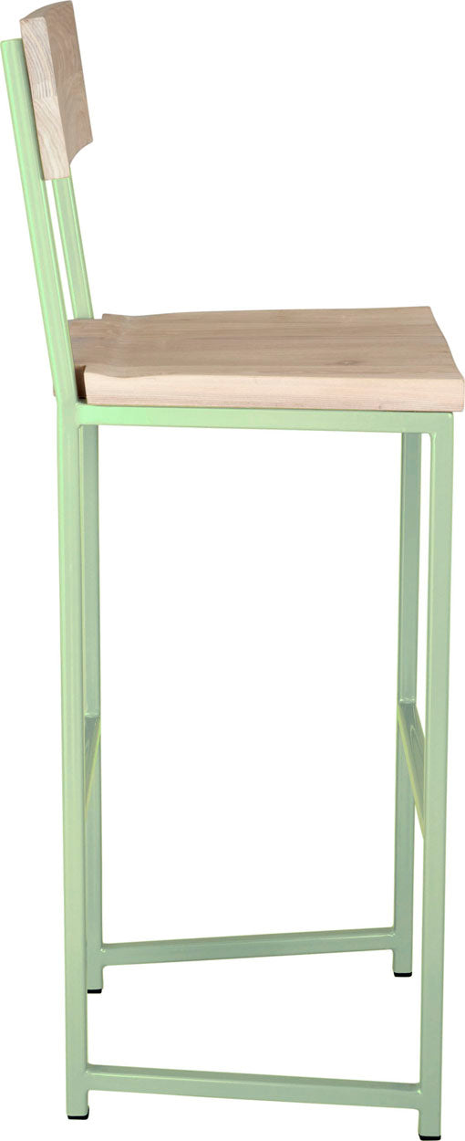 Mint green metal stool with back with whitewash stain ash wood made in UK - side view square frame