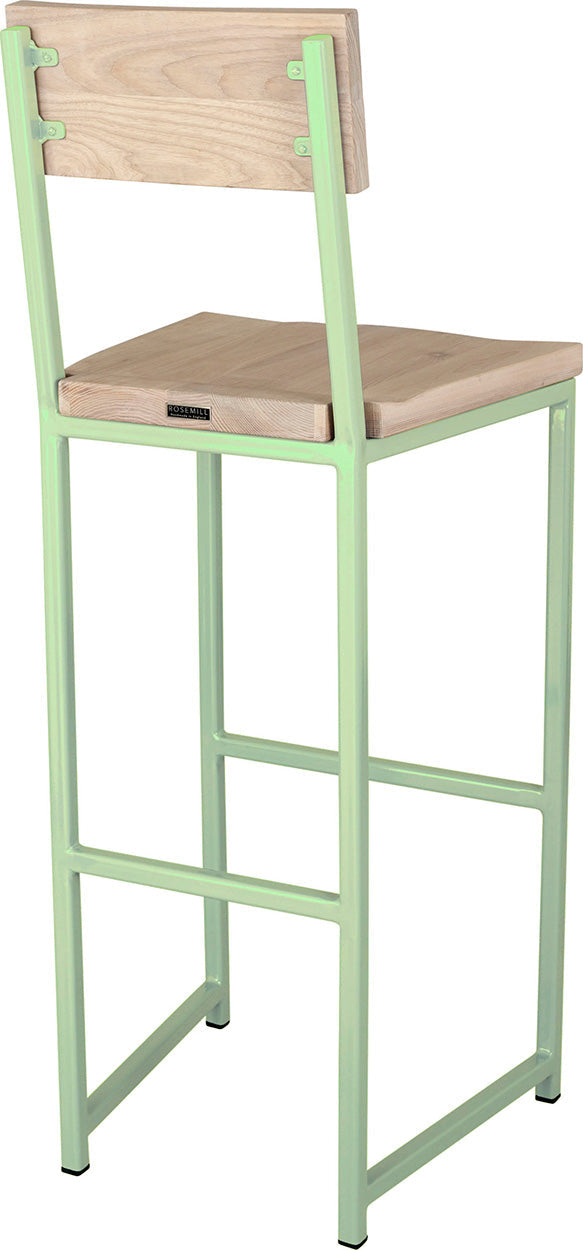 Mint green metal stool with back with whitewash stain ash wood made in UK - back side view square frame