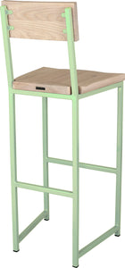 Mint green metal stool with back with whitewash stain ash wood made in UK - back side view square frame
