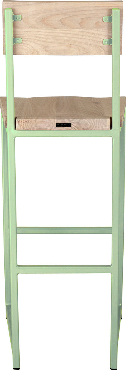 Mint green metal stool with back with whitewash stain ash wood made in UK - back view square frame