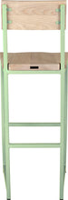Load image into Gallery viewer, Mint green metal stool with back with whitewash stain ash wood made in UK - back view square frame
