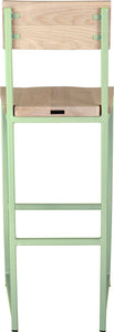 Mint green metal stool with back with whitewash stain ash wood made in UK - back view square frame