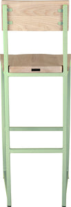 Mint green metal stool with back with whitewash stain ash wood made in UK - back view square frame