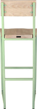 Load image into Gallery viewer, Mint green metal stool with back with whitewash stain ash wood made in UK - back view square frame
