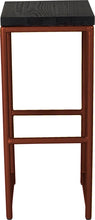 Load image into Gallery viewer, Copper metal stool with black stain ash wood made in UK - front view round frame
