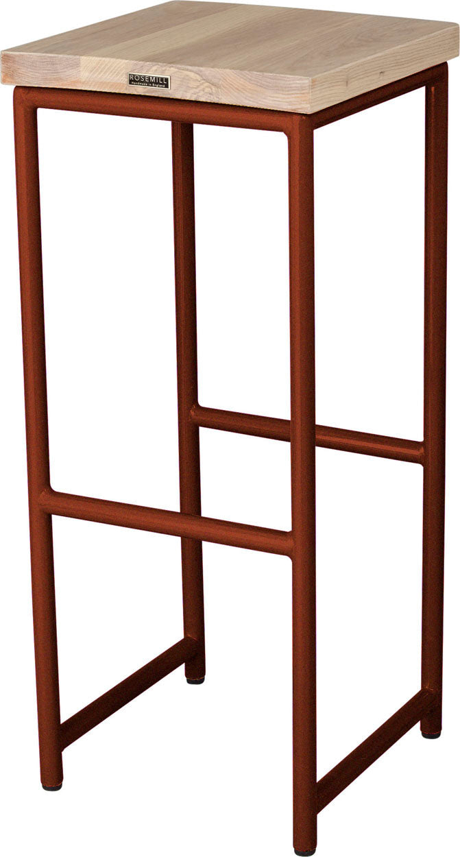 Copper metal stool with whitewash stain ash wood made in UK - back side view round frame
