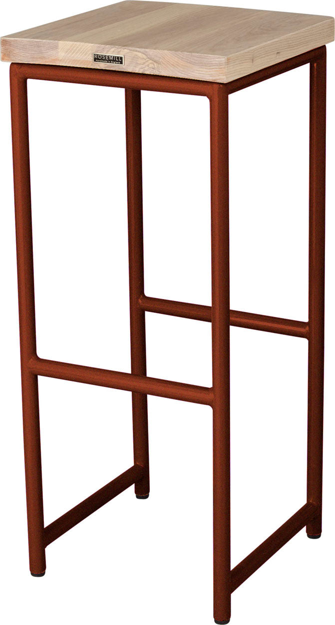 Copper metal stool with whitewash stain ash wood made in UK - back side view round frame