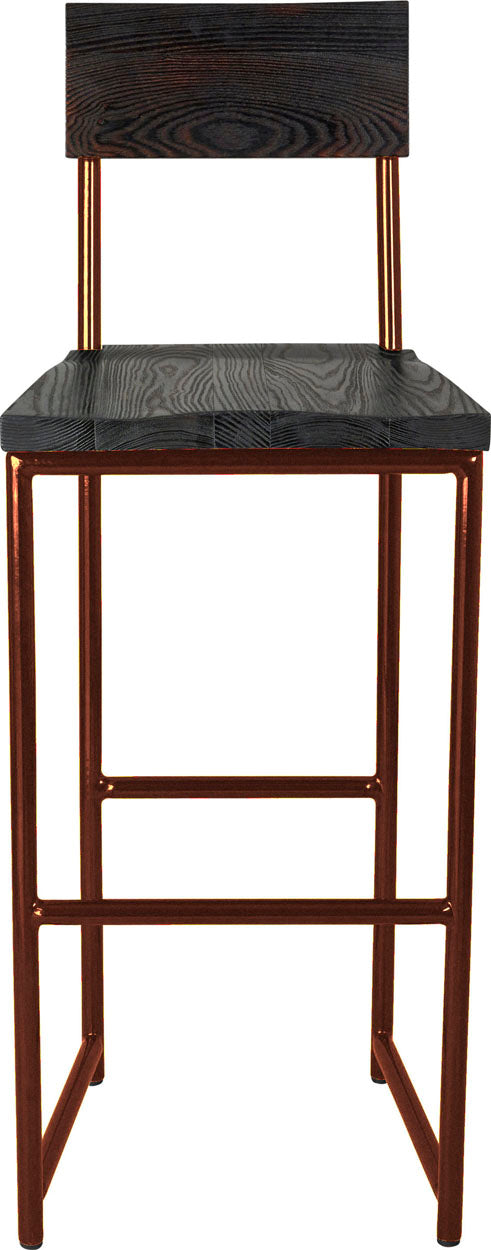 Copper metal stool with back with black stain ash wood made in UK - front view round frame