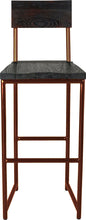 Load image into Gallery viewer, Copper metal stool with back with black stain ash wood made in UK - front view round frame
