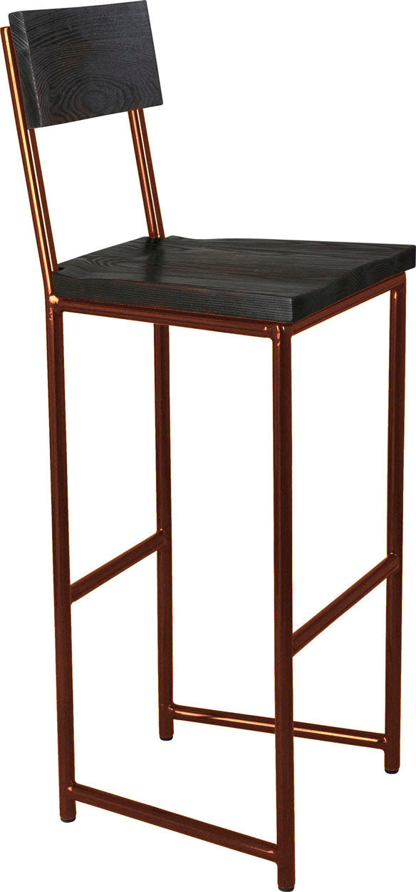 Copper metal stool with back with black stain ash wood made in UK - angle view round frame