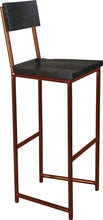 Load image into Gallery viewer, Copper metal stool with back with black stain ash wood made in UK - angle view round frame

