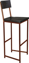 Load image into Gallery viewer, Copper metal stool with back with black stain ash wood made in UK - angle view round frame
