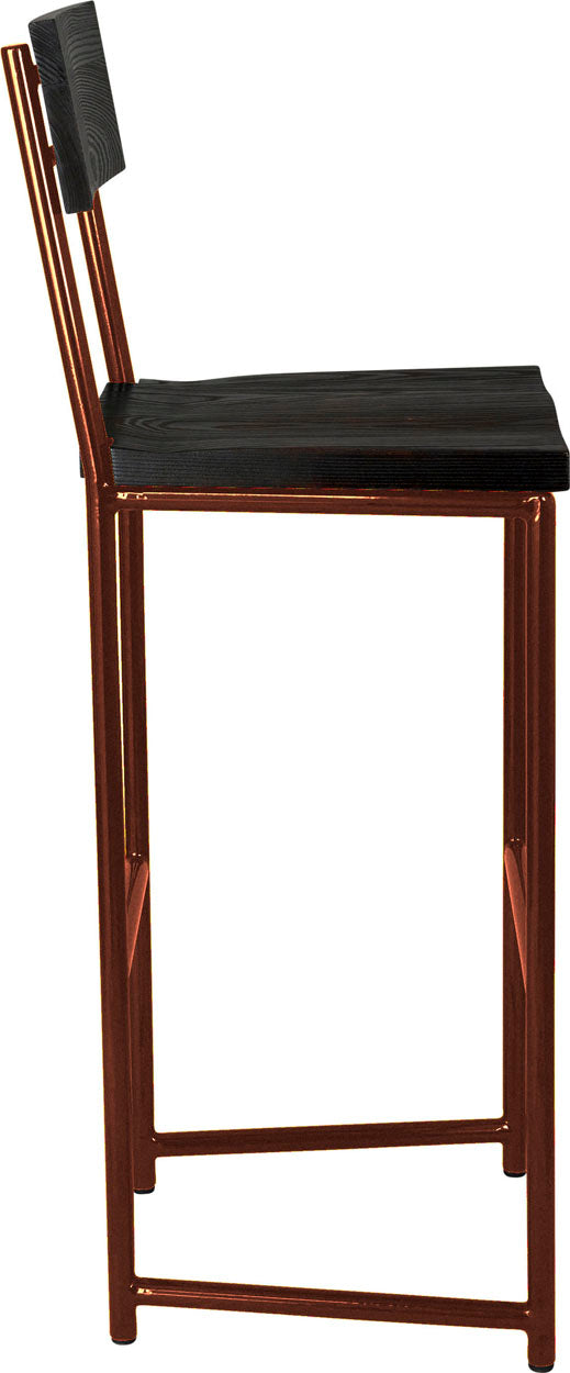 Copper metal stool with back with black stain ash wood made in UK - side view round frame
