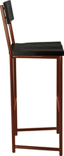 Load image into Gallery viewer, Copper metal stool with back with black stain ash wood made in UK - side view round frame
