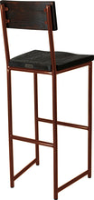 Load image into Gallery viewer, Copper metal stool with back with black stain ash wood made in UK - back side view round frame
