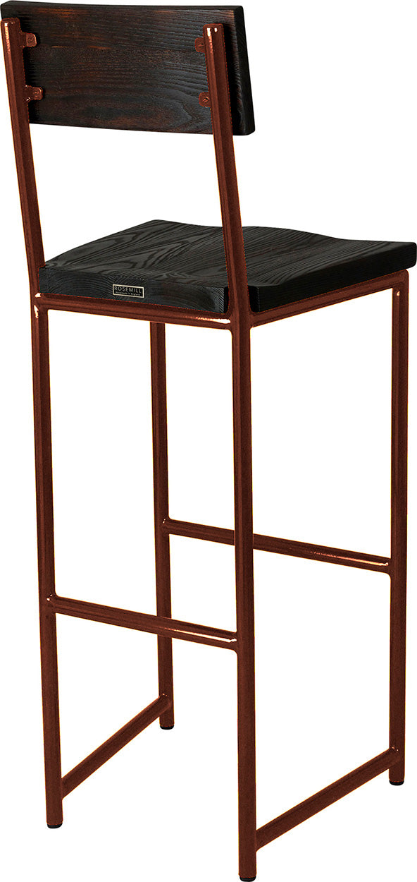 Copper metal stool with back with black stain ash wood made in UK - back side view round frame