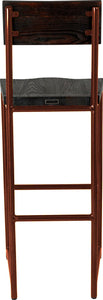 Copper metal stool with back with black stain ash wood made in UK - back view round frame