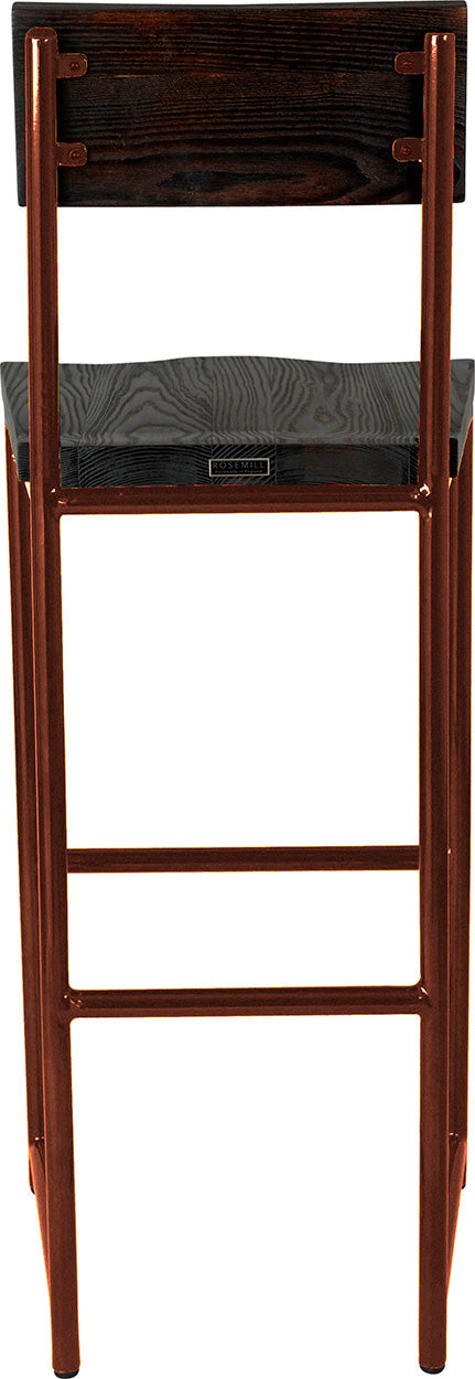Copper metal stool with back with black stain ash wood made in UK - back view round frame