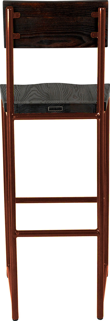 Copper metal stool with back with black stain ash wood made in UK - back view round frame
