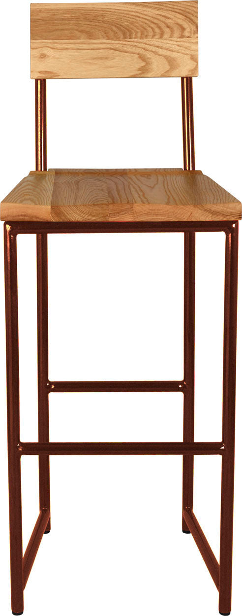 Copper metal stool with back with natural stain ash wood made in UK - front view round frame
