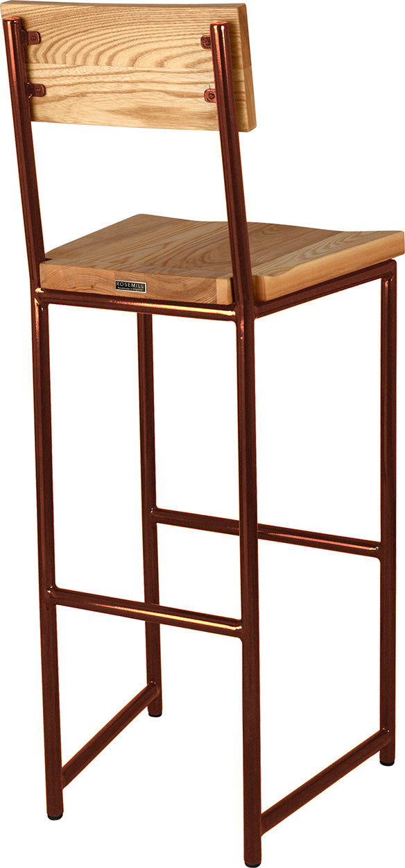 Copper metal stool with back with natural stain ash wood made in UK - back side view round frame