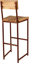 Load image into Gallery viewer, Copper metal stool with back with natural stain ash wood made in UK - back side view round frame
