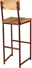 Load image into Gallery viewer, Copper metal stool with back with natural stain ash wood made in UK - back side view round frame
