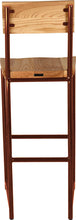 Load image into Gallery viewer, Copper metal stool with back with natural stain ash wood made in UK - back view round frame
