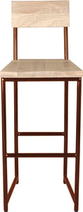 Copper metal stool with back with whitewash stain ash wood made in UK - front view round frame
