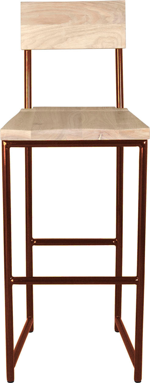 Copper metal stool with back with whitewash stain ash wood made in UK - front view round frame