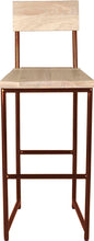 Load image into Gallery viewer, Copper metal stool with back with whitewash stain ash wood made in UK - front view round frame
