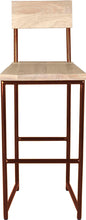 Load image into Gallery viewer, Copper metal stool with back with whitewash stain ash wood made in UK - front view round frame
