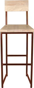 Copper metal stool with back with whitewash stain ash wood made in UK - front view round frame