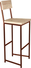 Load image into Gallery viewer, Copper metal stool with back with whitewash stain ash wood made in UK - angle view round frame
