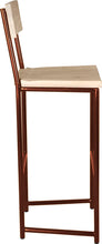 Load image into Gallery viewer, Copper metal stool with back with whitewash stain ash wood made in UK - side view round frame
