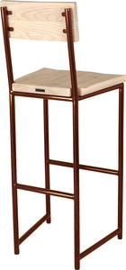 Copper metal stool with back with whitewash stain ash wood made in UK - back side view round frame
