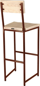 Copper metal stool with back with whitewash stain ash wood made in UK - back side view round frame