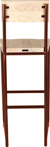 Copper metal stool with back with whitewash stain ash wood made in UK - back view round frame