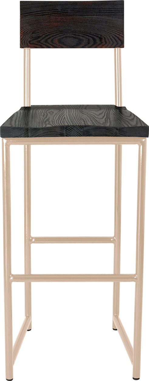 Off white metal stool with back with black stain ash wood made in UK - front view round frame