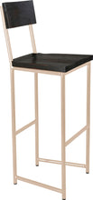 Load image into Gallery viewer, Off white metal stool with back with black stain ash wood made in UK - angle view round frame
