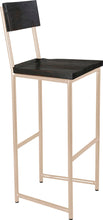 Load image into Gallery viewer, Off white metal stool with back with black stain ash wood made in UK - angle view round frame
