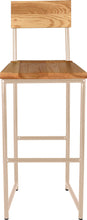 Load image into Gallery viewer, Off white metal stool with back with natural stain ash wood made in UK - front view round frame
